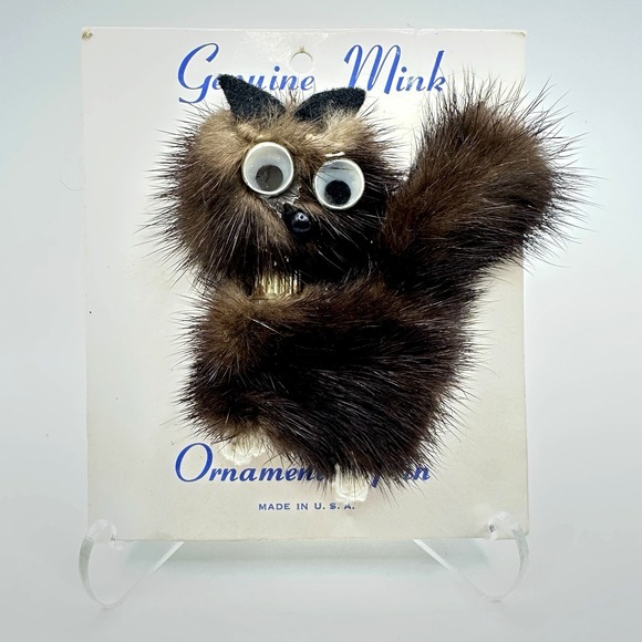 Jewelry - Vintage Genuine Mink Cat Brooch Pin On Original Card Novelty Fur Animal USA